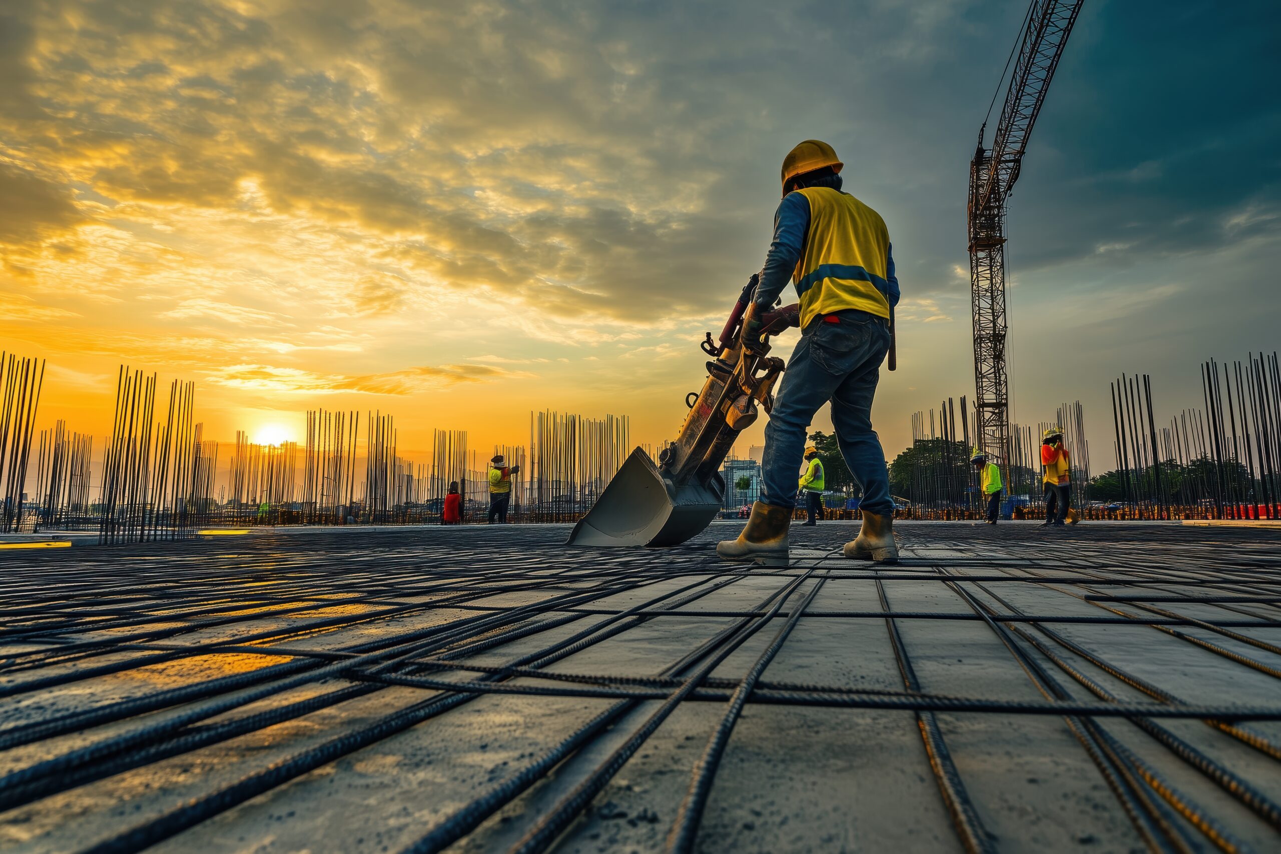 A construction worker pours concrete on a construction site against the background of sunset